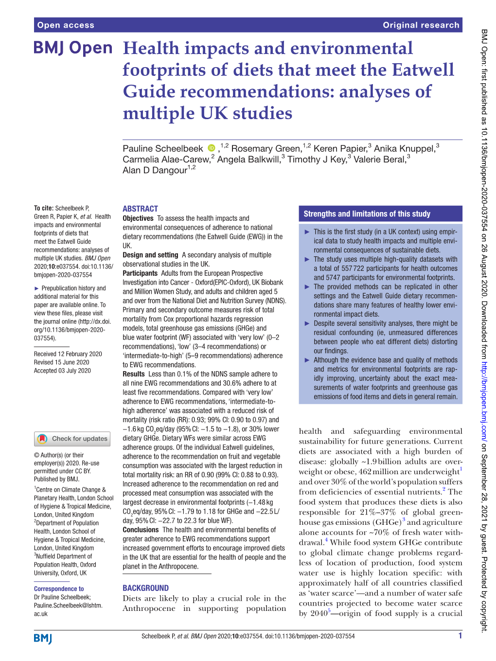 Health Impacts and Environmental Footprints of Diets That Meet the Eatwell Guide Recommendations: Analyses of Multiple UK Studies