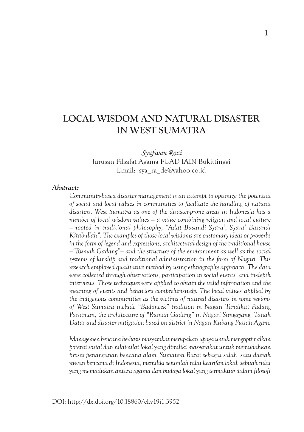 Local Wisdom and Natural Disaster in West Sumatra