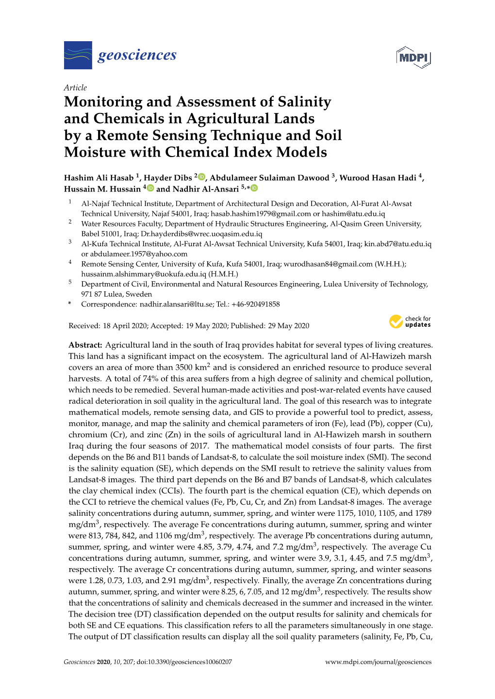 Monitoring and Assessment of Salinity and Chemicals in Agricultural Lands by a Remote Sensing Technique and Soil Moisture with Chemical Index Models