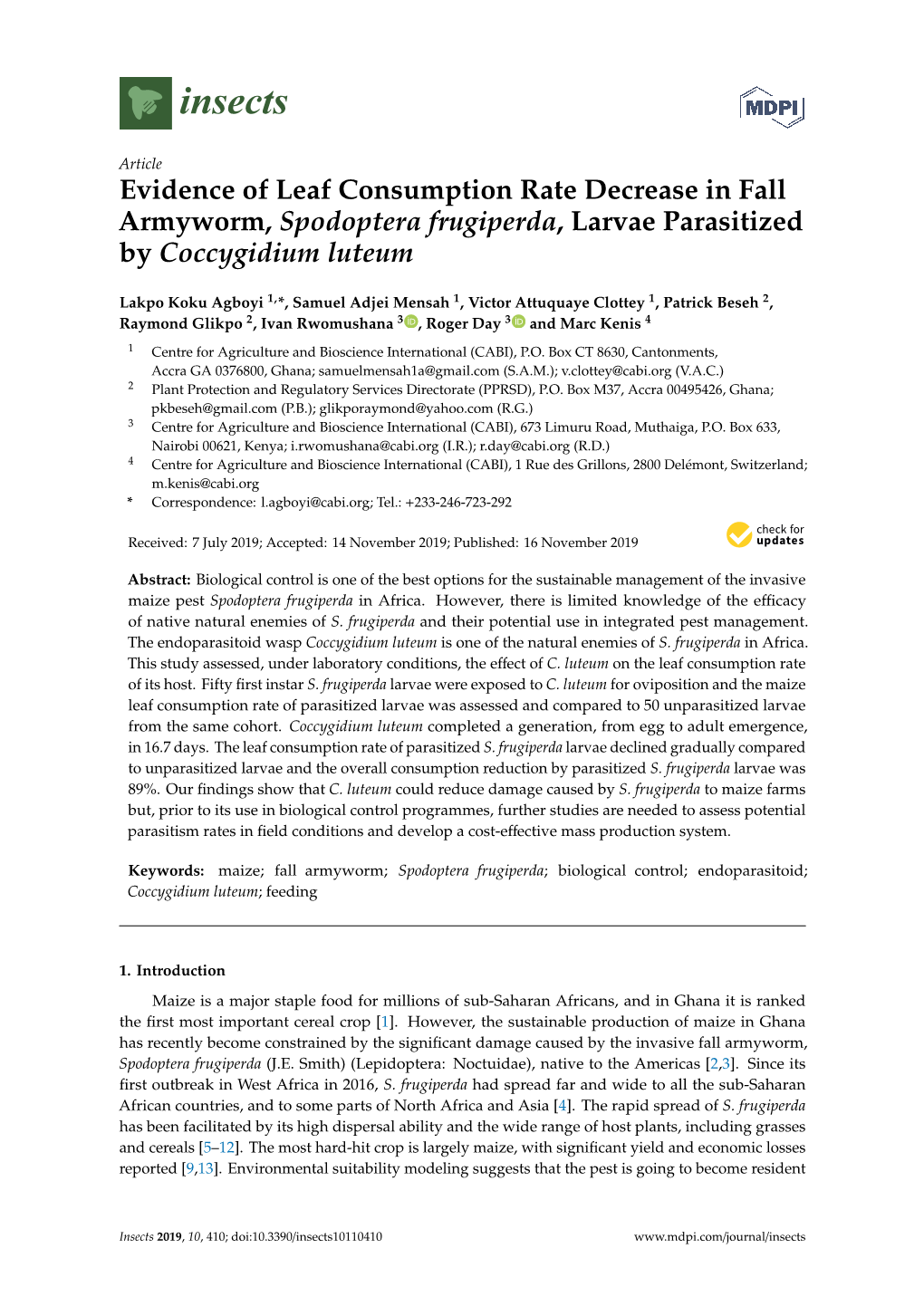 Evidence of Leaf Consumption Rate Decrease in Fall Armyworm, Spodoptera Frugiperda, Larvae Parasitized by Coccygidium Luteum