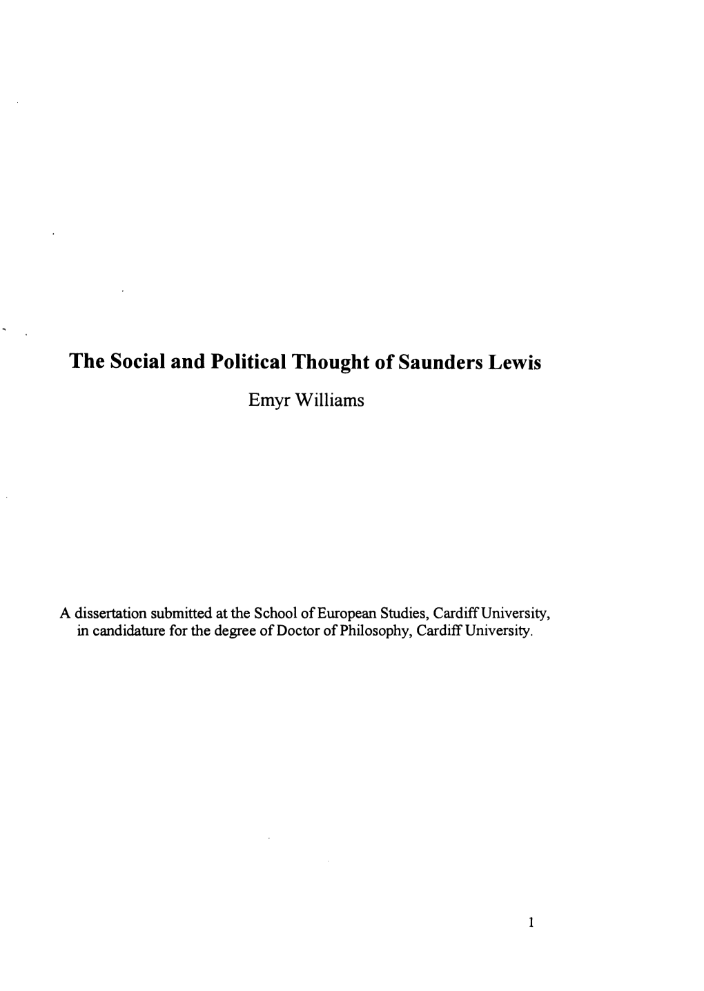 The Social and Political Thought of Saunders Lewis Emyr Williams