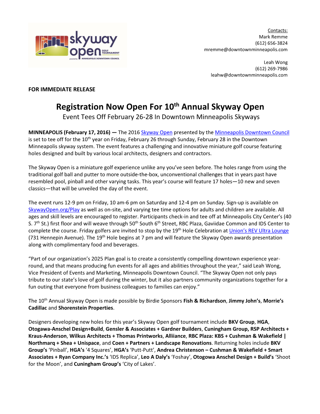 Registration Now Open for 10Th Annual Skyway Open Event Tees Off February 26-28 in Downtown Minneapolis Skyways