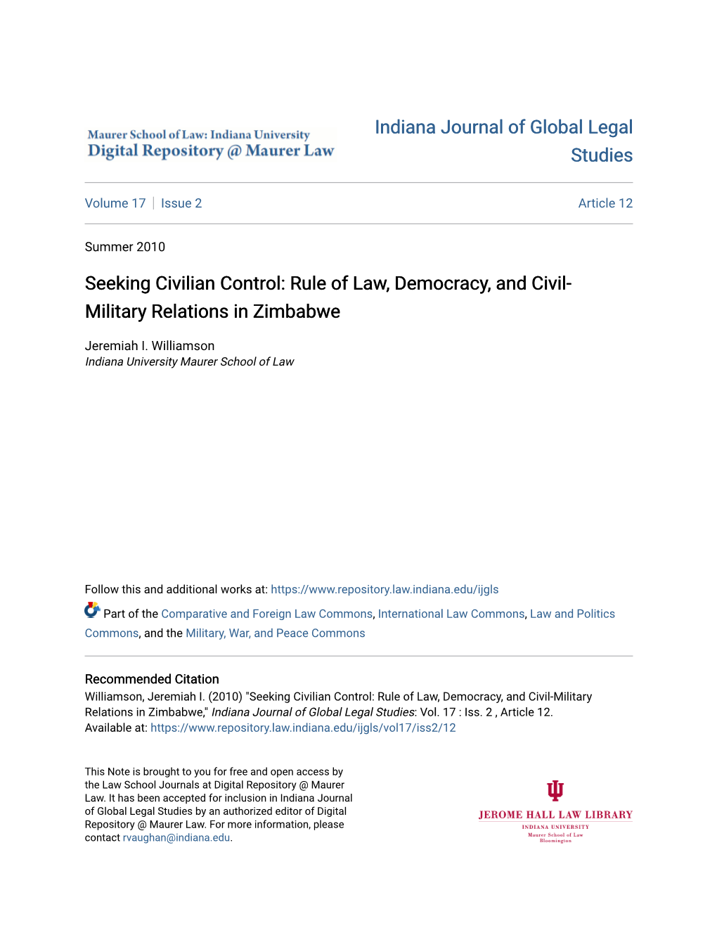 Rule of Law, Democracy, and Civil-Military Relations in Zimbabwe," Indiana Journal of Global Legal Studies: Vol