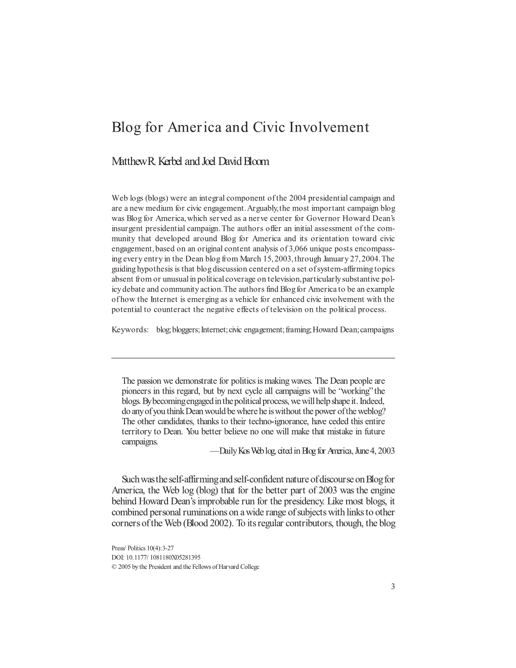 Blog for America and Civic Involvement