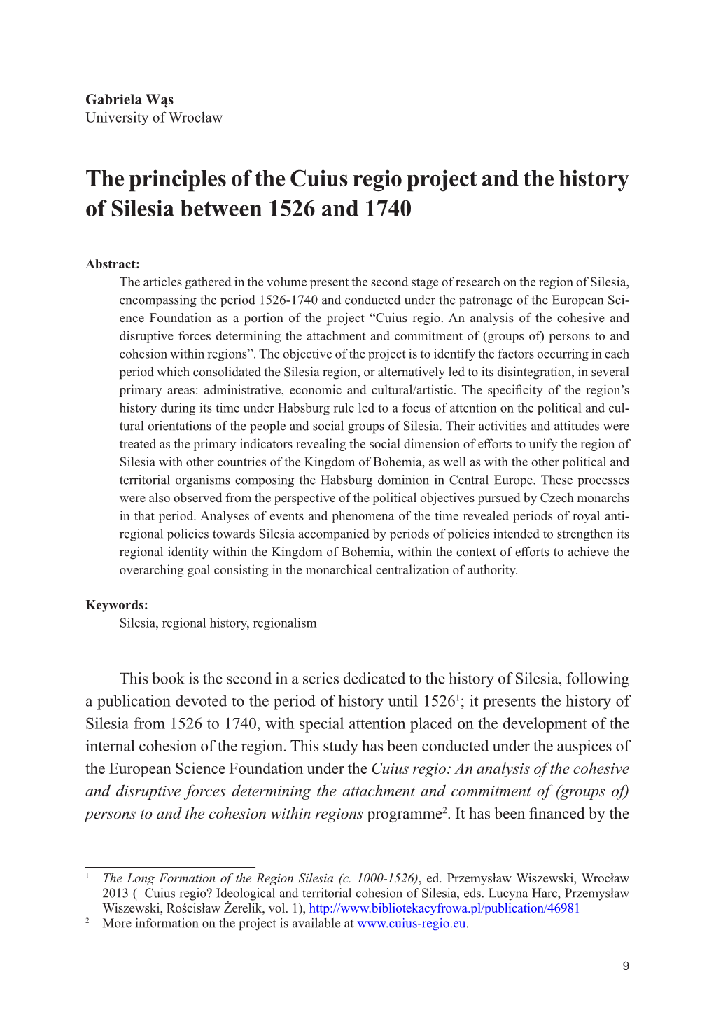 The Principles of the Cuius Regio Project and the History of Silesia Between 1526 and 1740