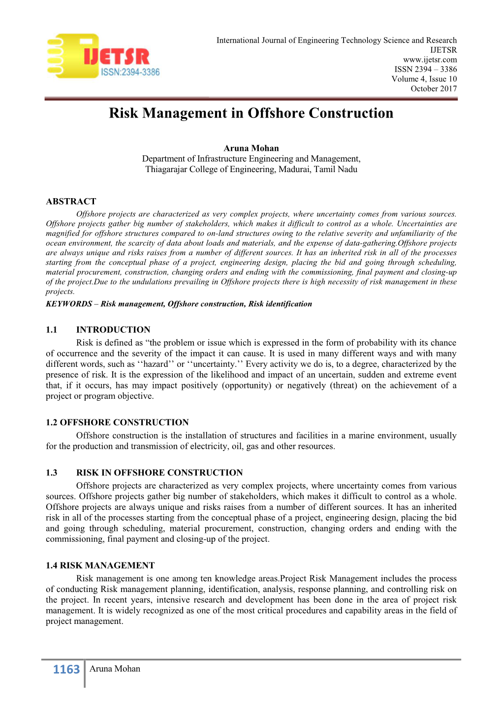 Risk Management in Offshore Construction