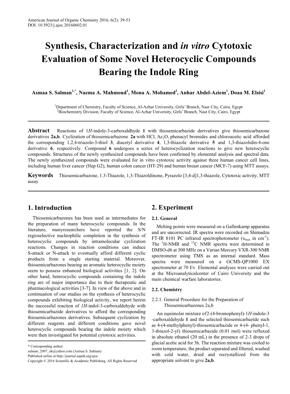 Thiosemicarbazone, 1.3-Thiazole, 1,3-Thiazoldinone, Pyrazolo [3,4-D]1,3-Thiazole, Cytotoxic Activity, MTT Assay