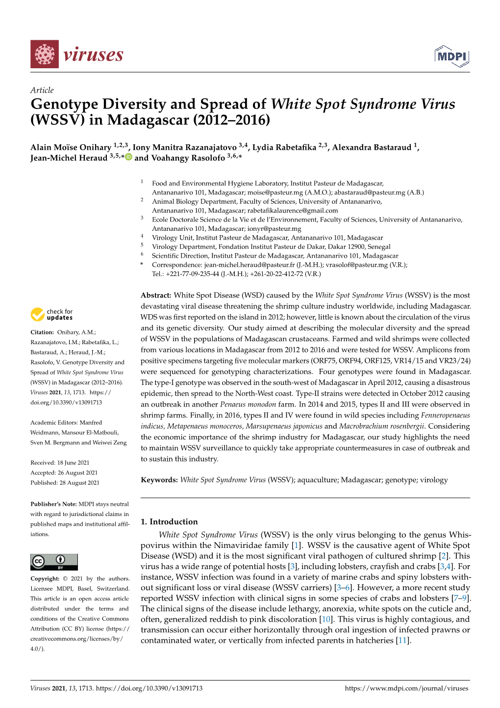 Genotype Diversity and Spread of White Spot Syndrome Virus (WSSV) in Madagascar (2012–2016)