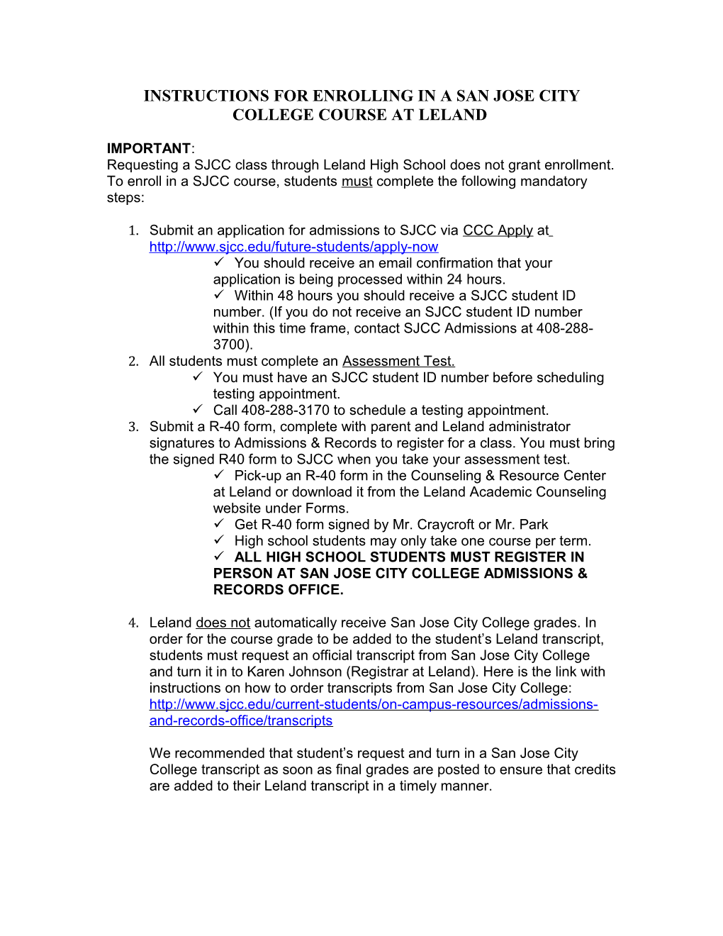 Instructions for Enrolling in a San Jose City College Course at Leland