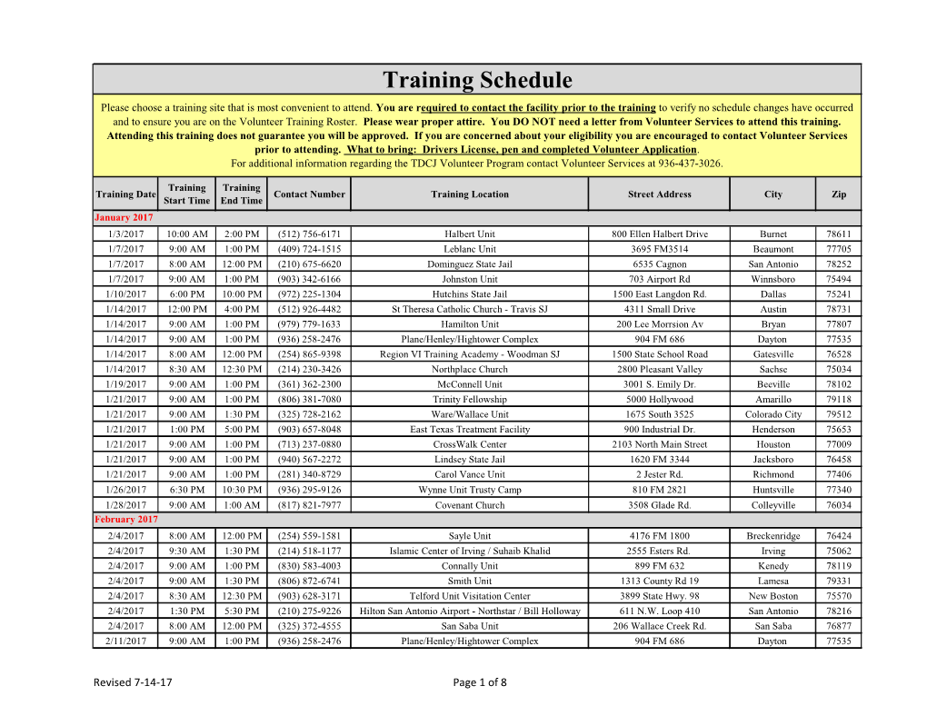 Training Schedule Please Choose a Training Site That Is Most Convenient to Attend