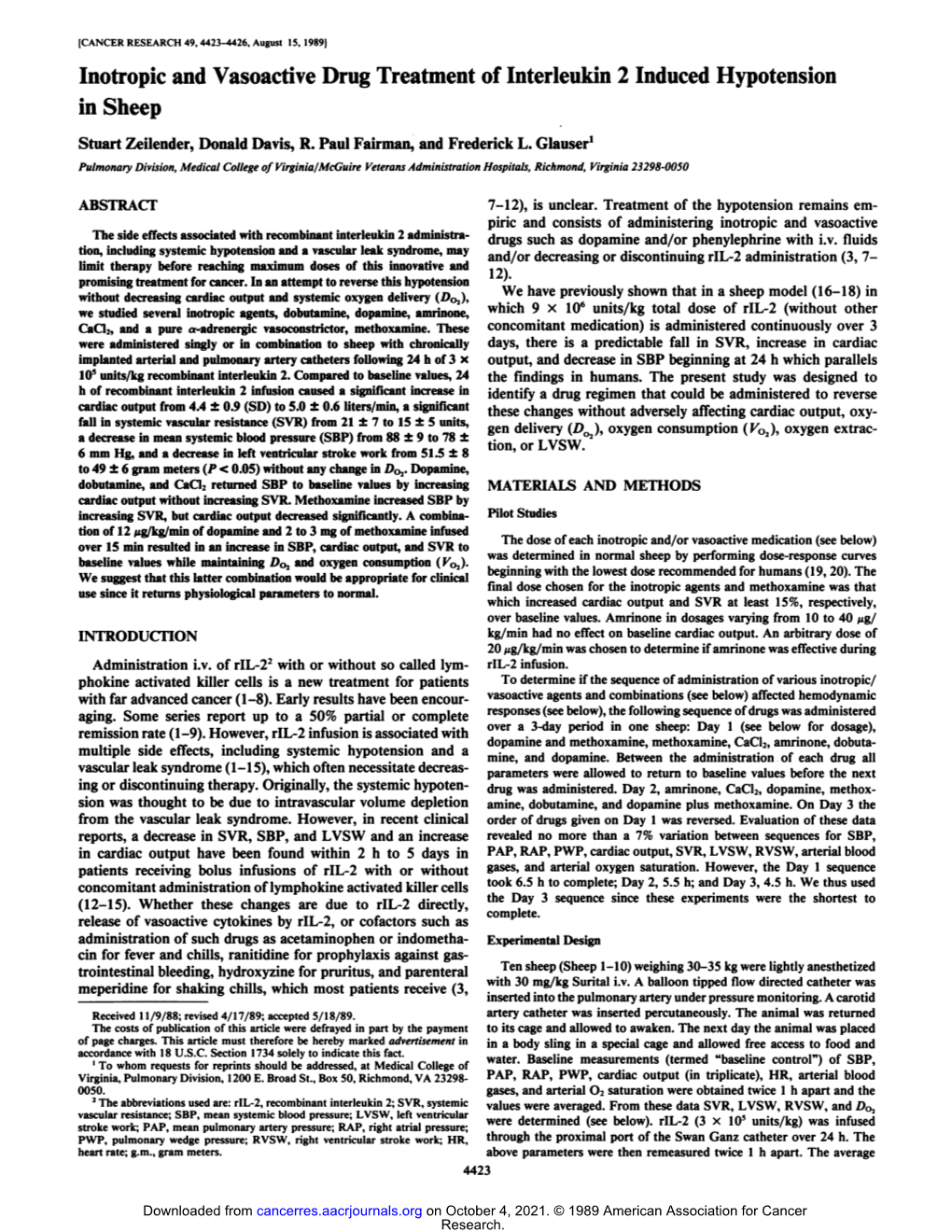 Inotropic and Vasoactive Drug Treatment of Interleukin 2 Induced Hypotension in Sheep