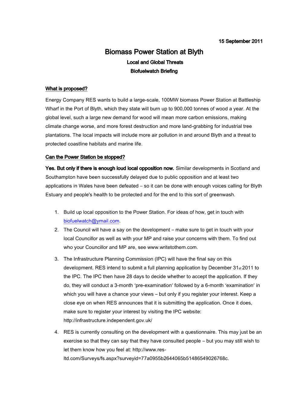 Biomass Power Station at Blyth Local and Global Threats Biofuelwatch Briefing