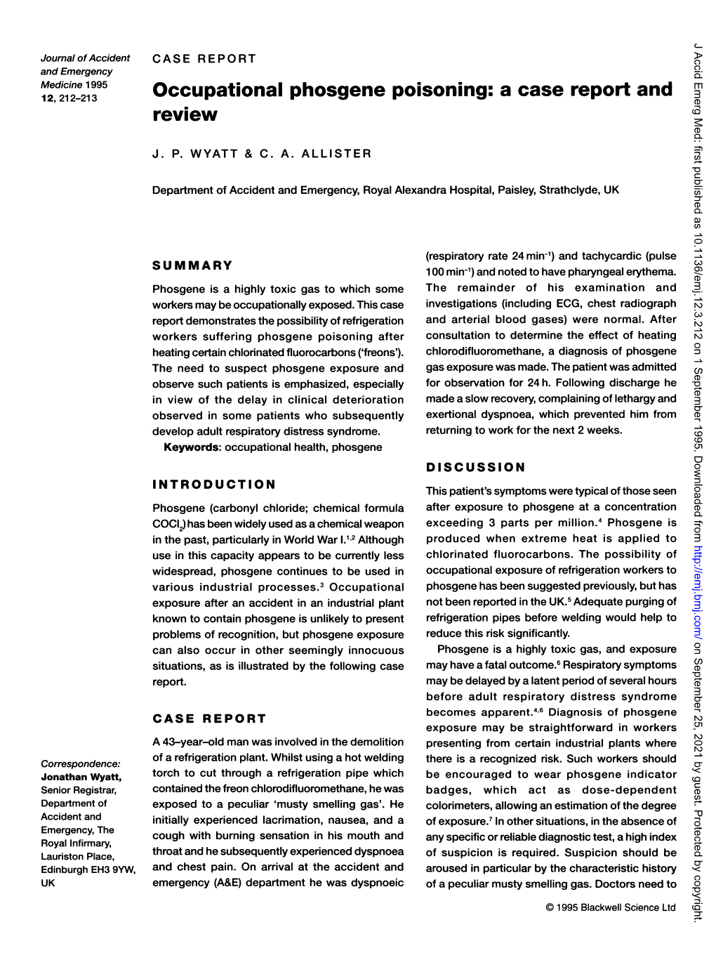 Occupational Phosgene Poisoning: a Case Report and Review