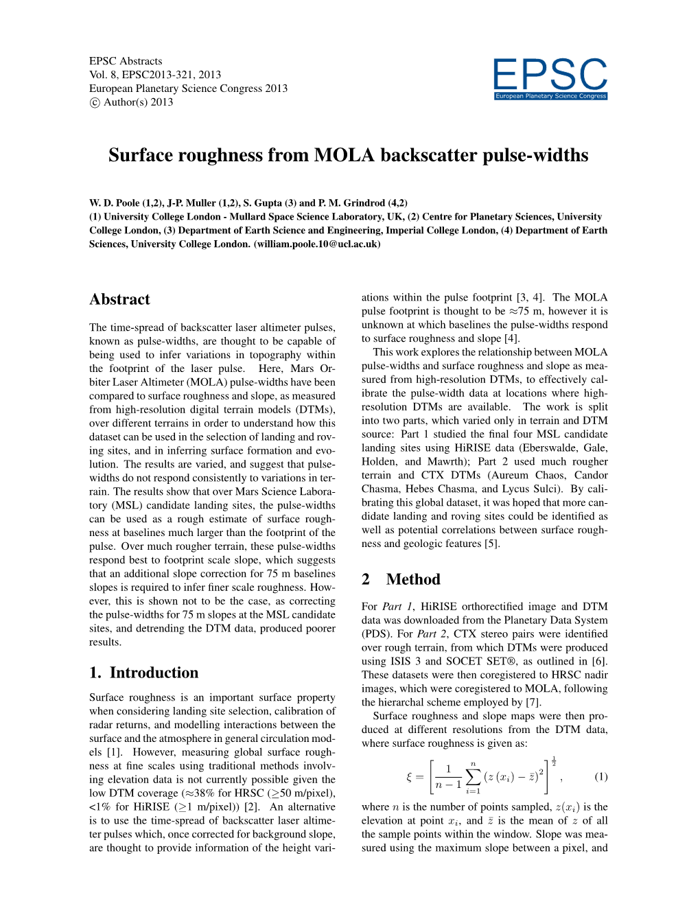 Surface Roughness from MOLA Backscatter Pulse-Widths