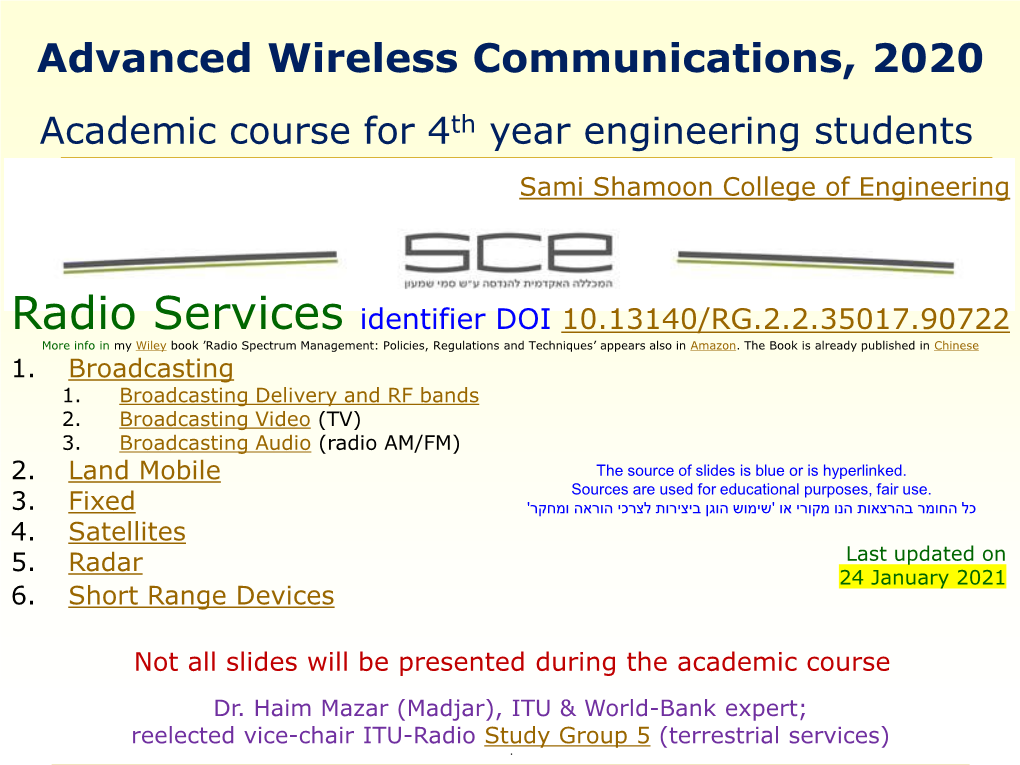 Advanced Wireless Communications, 2020 Academic Course for 4Th Year Engineering Students Sami Shamoon College of Engineering