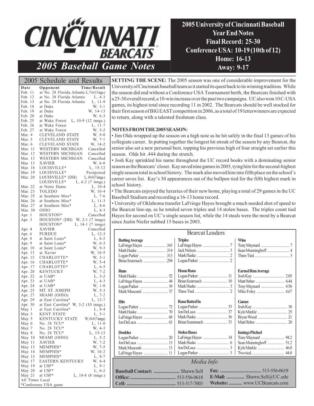 2005 Baseball Game Notes