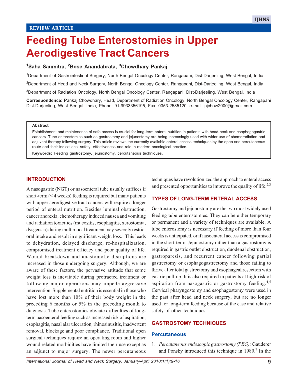 Feeding Tube Enterostomies in Upper Aerodigestive Tract Cancers Feeding Tube Enterostomies in Upper Aerodigestive Tract Cancers