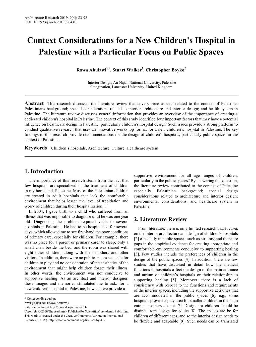 Context Considerations for a New Children's Hospital in Palestine with a Particular Focus on Public Spaces
