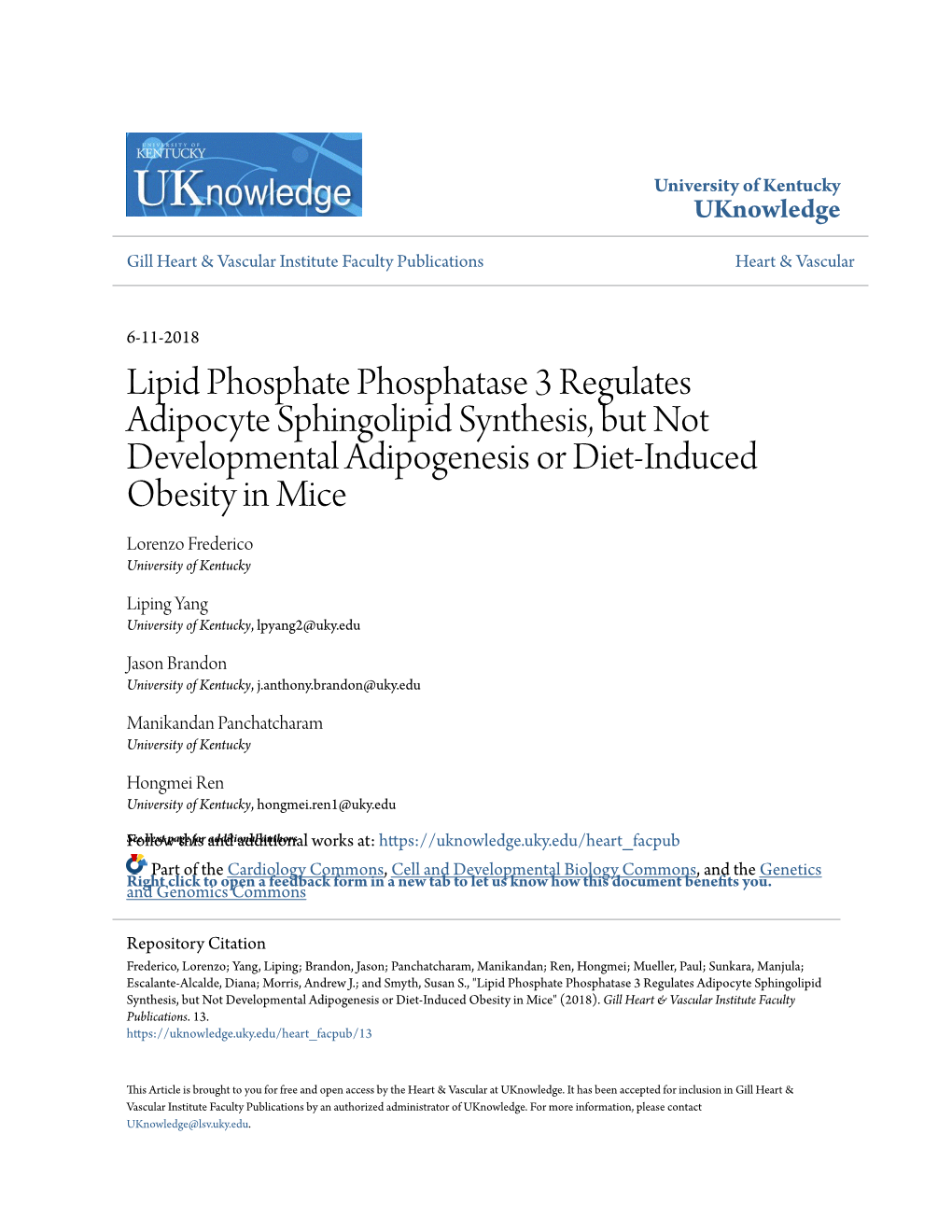 Lipid Phosphate Phosphatase 3 Regulates Adipocyte Sphingolipid