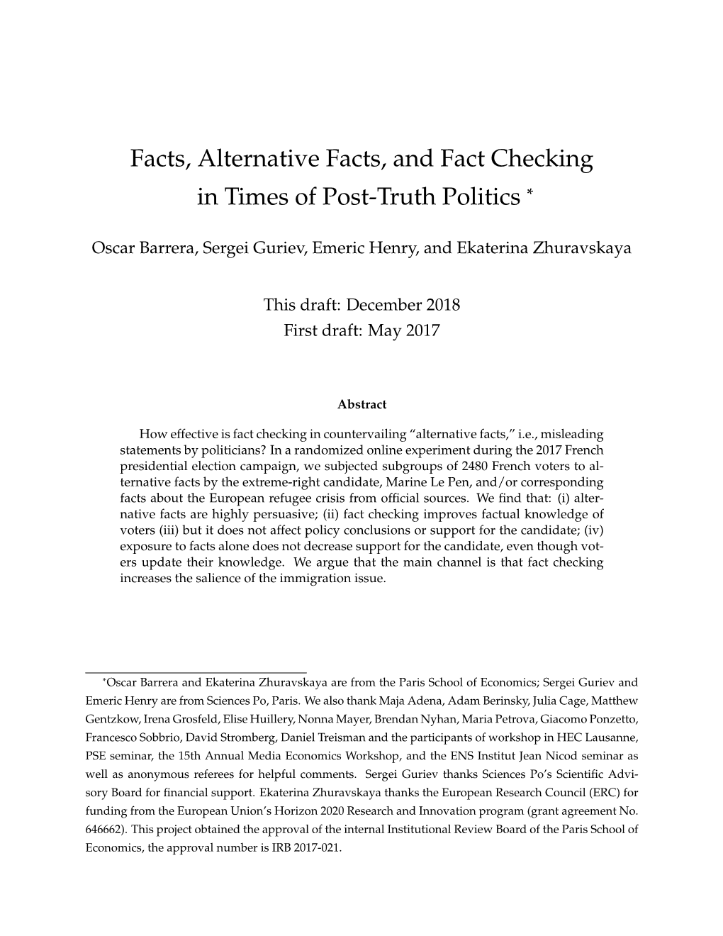 Facts, Alternative Facts, and Fact Checking in Times of Post-Truth Politics *