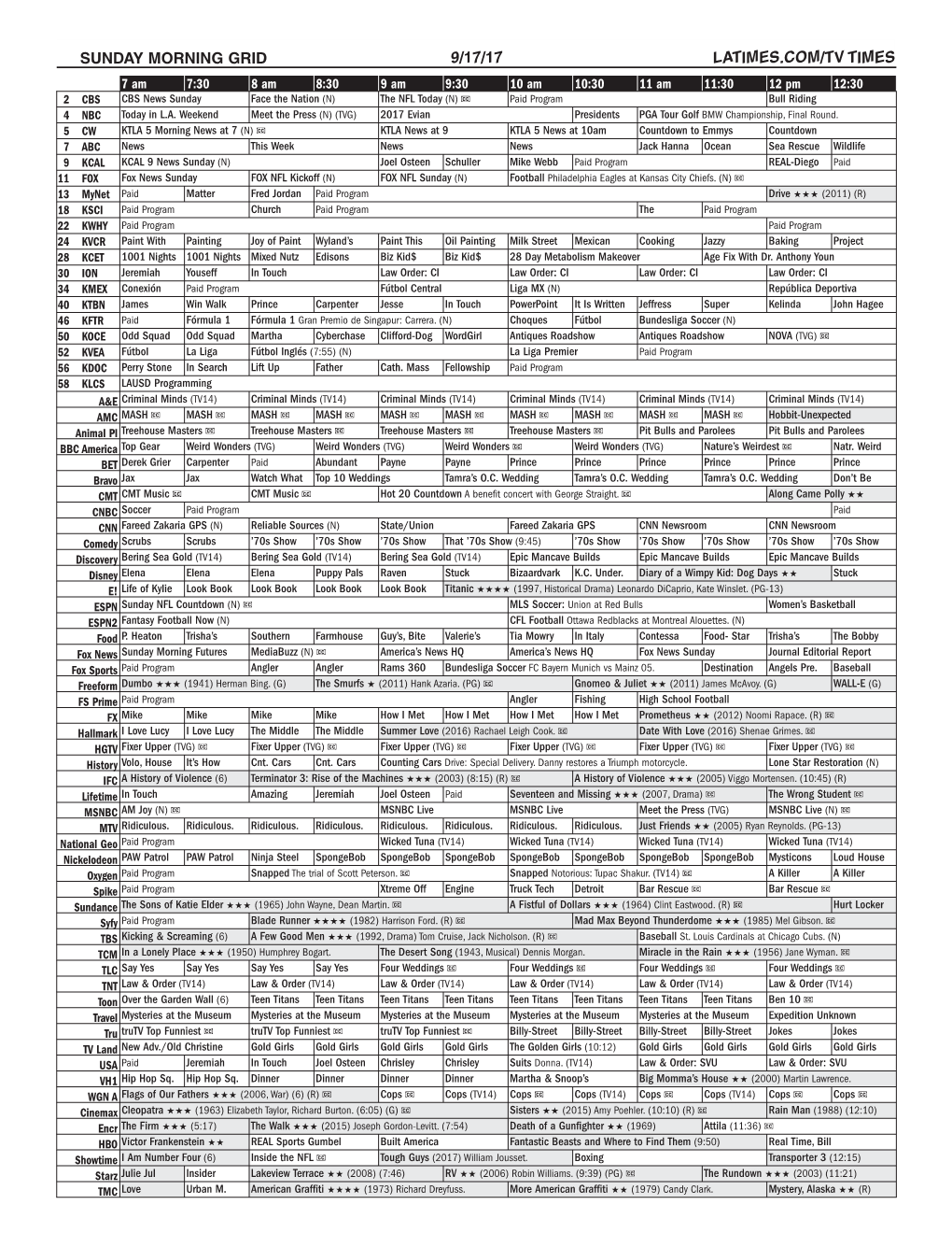 Sunday Morning Grid 9/17/17 Latimes.Com/Tv Times