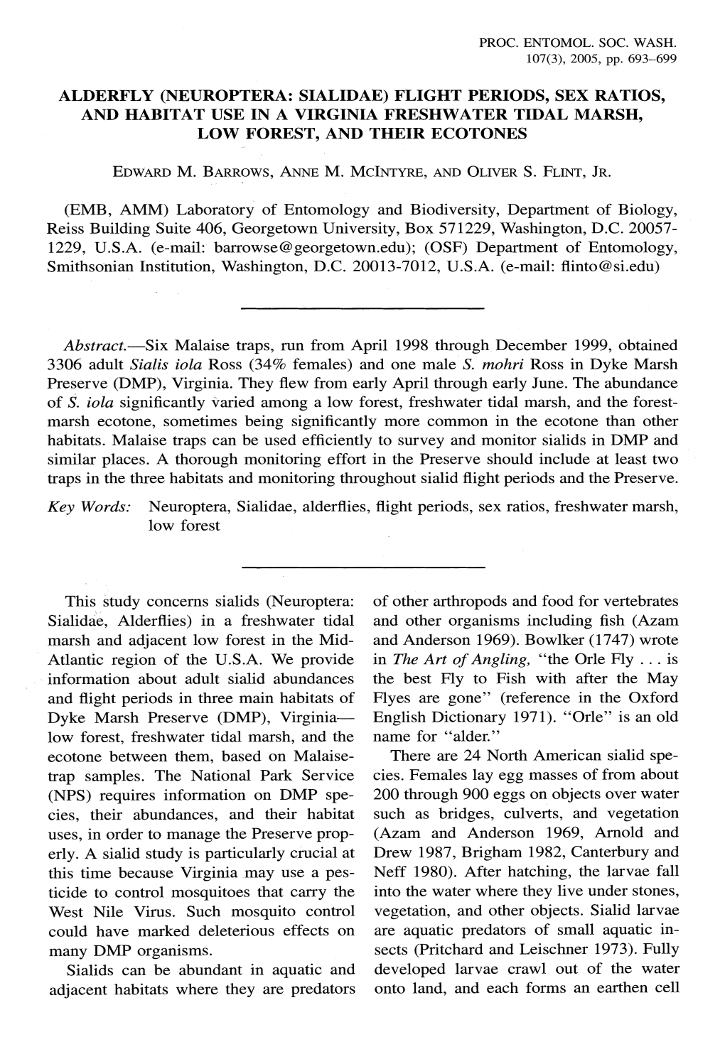 Alderfly (Neuroptera: Sialidae) Flight Periods, Sex Ratios, and Habitat Use in a Virginia Freshwater Tidal Marsh, Low Forest, and Their Ecotones