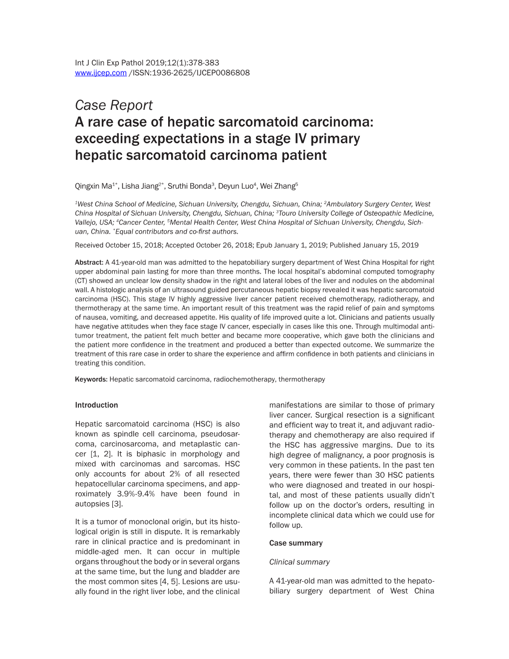 Case Report a Rare Case of Hepatic Sarcomatoid Carcinoma: Exceeding Expectations in a Stage IV Primary Hepatic Sarcomatoid Carcinoma Patient