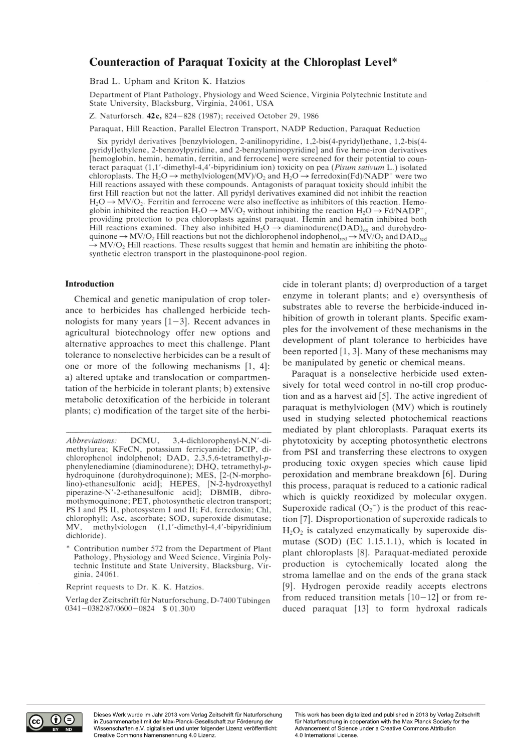 Counteraction of Paraquat Toxicity at the Chloroplast Level*