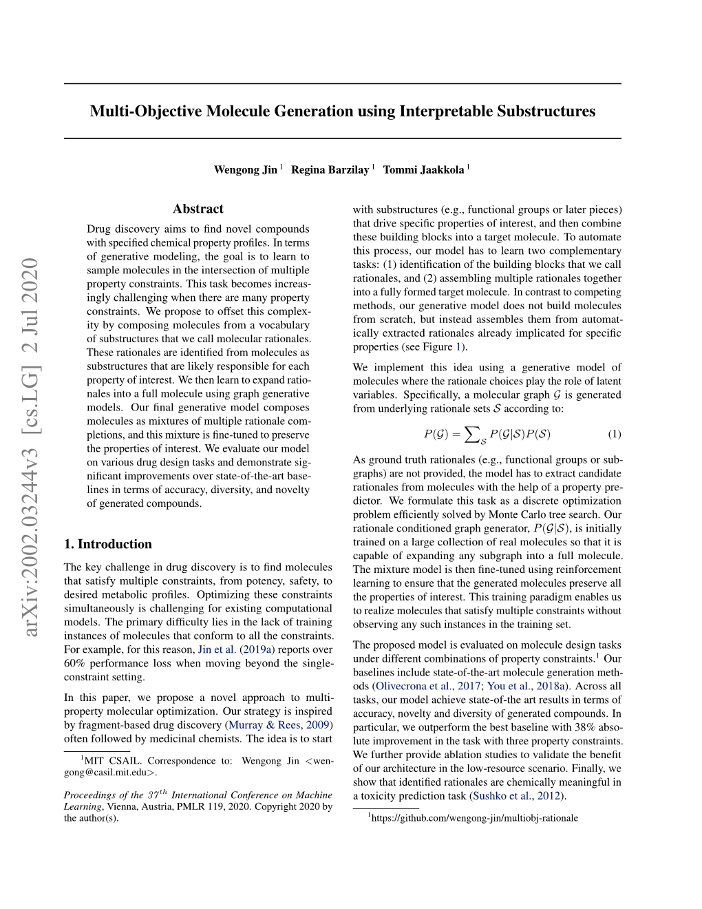 Multi-Objective Molecule Generation Using Interpretable Substructures