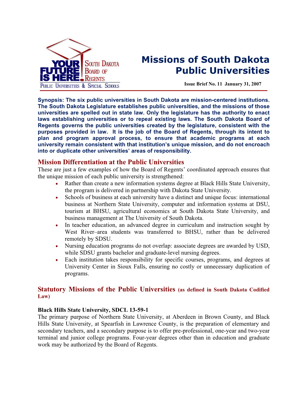 Issue 11: Missions of South Dakota Public Universities