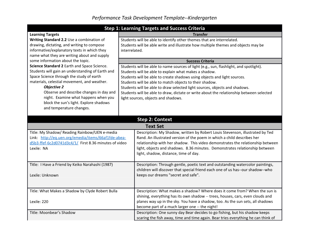 Performance Task Development Template Kindergarten