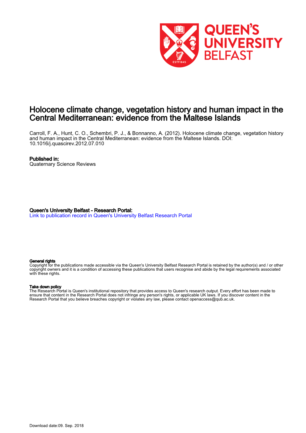 Holocene Climate Change, Vegetation History and Human Impact in the Central Mediterranean: Evidence from the Maltese Islands