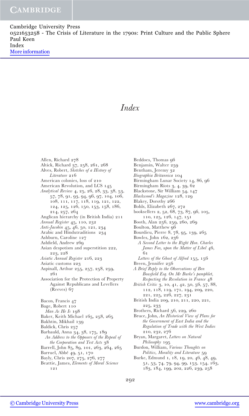 P>Cambridge University Press 0521653258 - the Crisis of Literature in the 1790S: Print Culture and the Public Sphere Paul Keen Index More Information