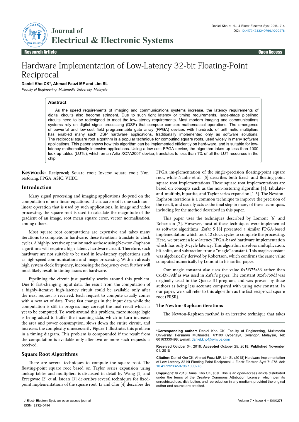 Hardware Implementation of Low-Latency 32-Bit Floating-Point