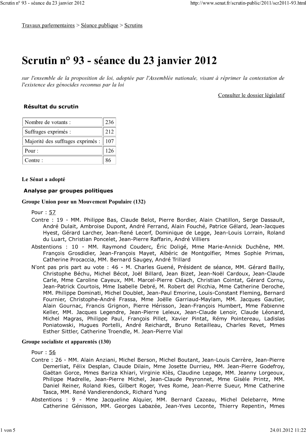 Scrutin N° 93 - Séance Du 23 Janvier 2012
