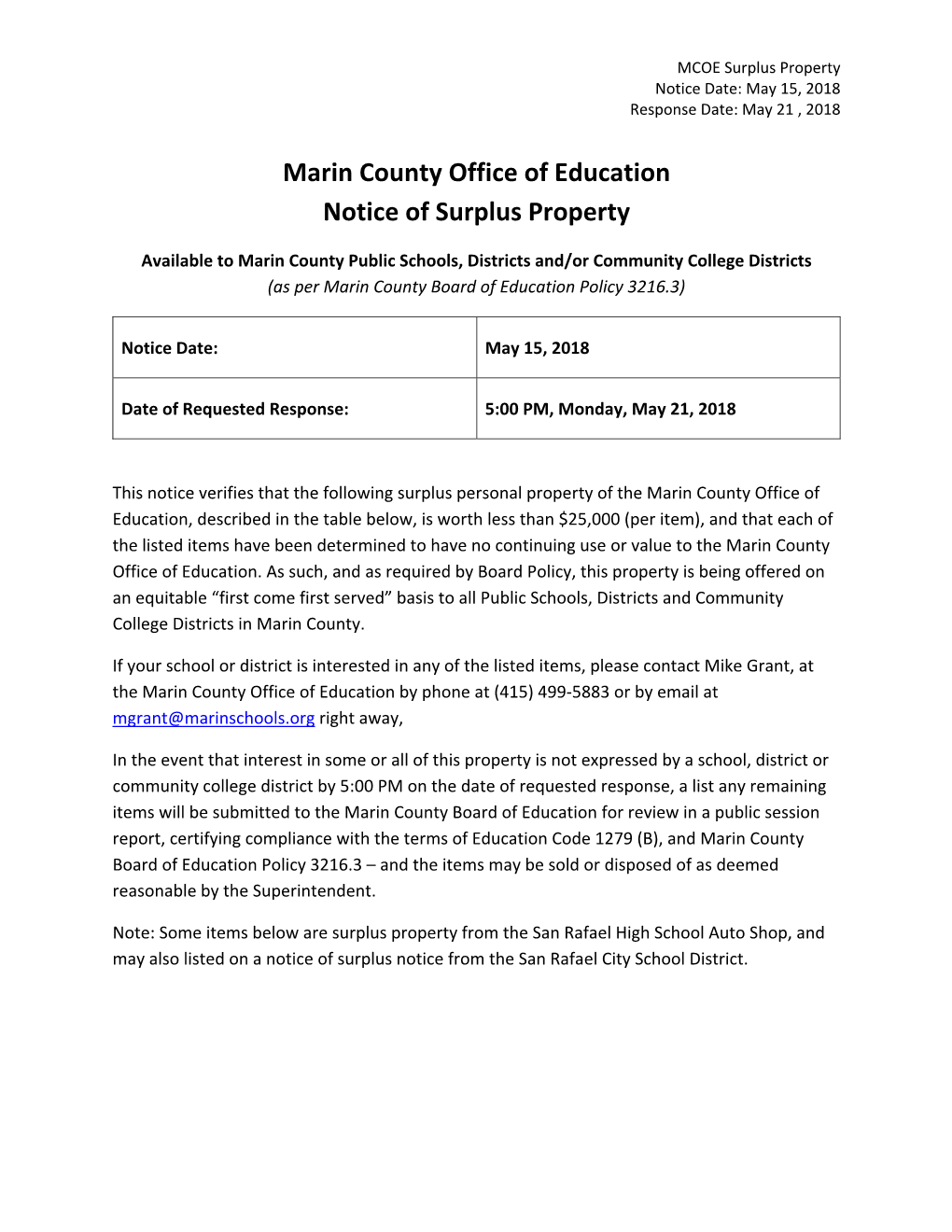 Marin County Office of Education Notice of Surplus Property