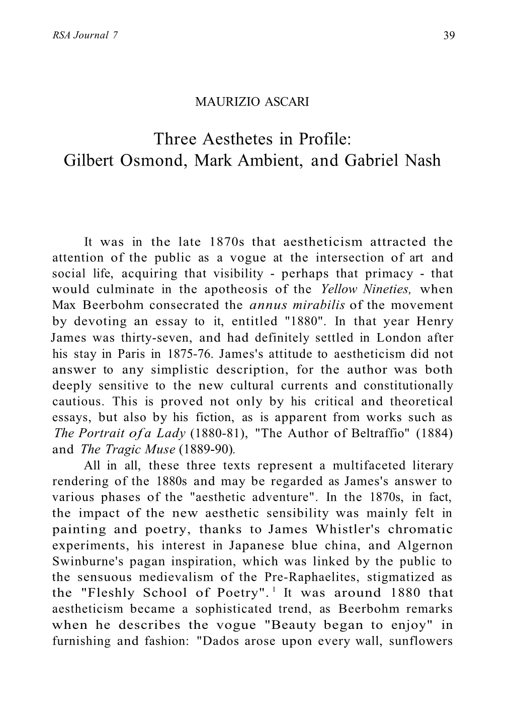 Three Aesthetes in Profile: Gilbert Osmond, Mark Ambient, and Gabriel Nash