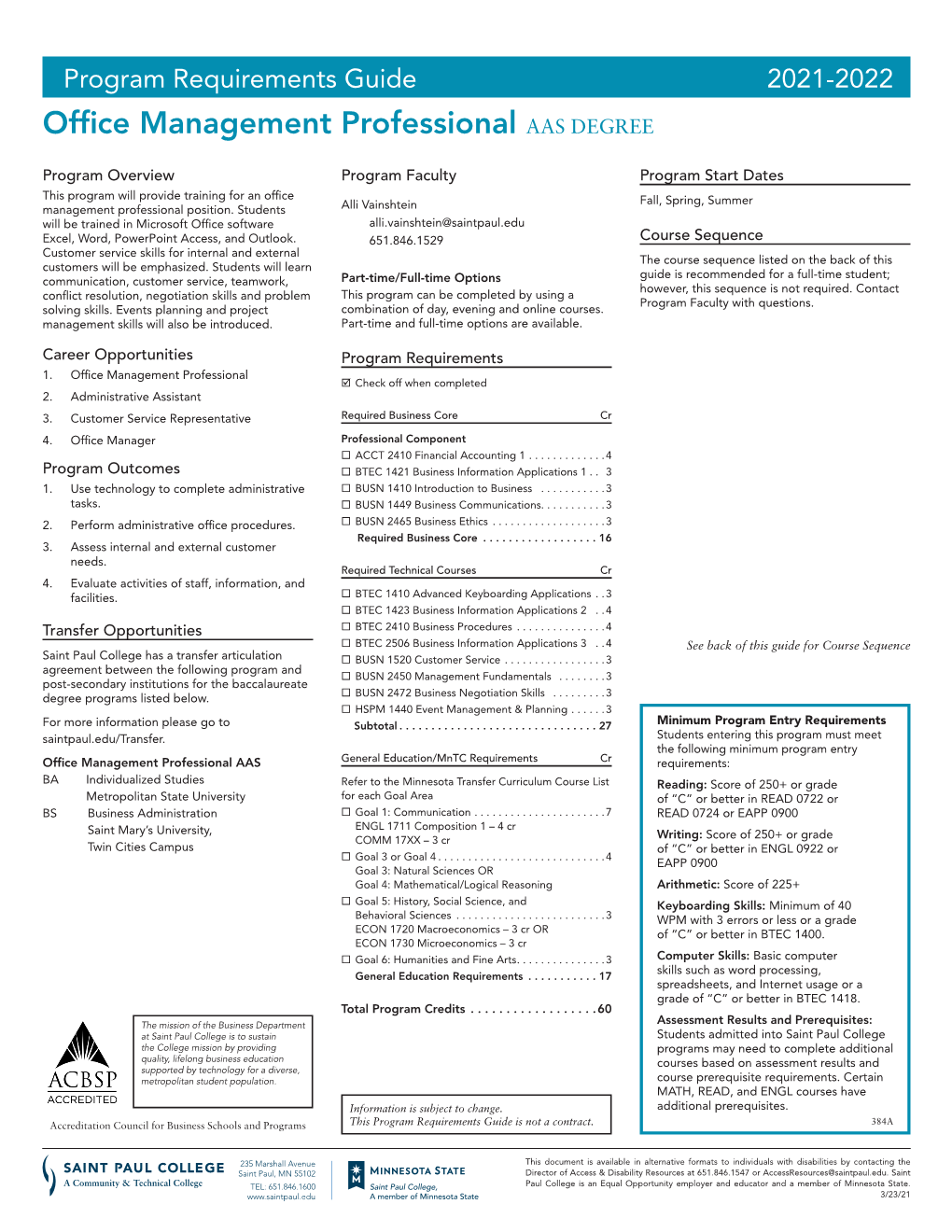 Office Management Professional AAS DEGREE (Continued)