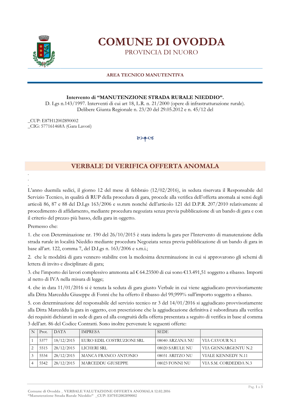 Comune Di Ovodda Provincia Di Nuoro