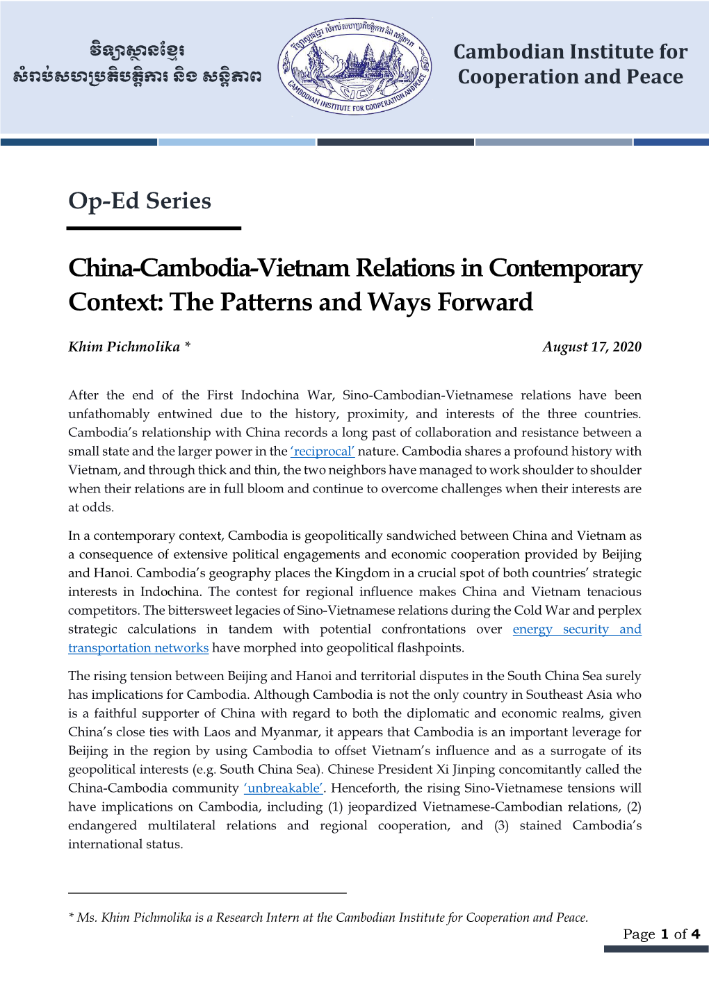 China-Cambodia-Vietnam Relations in Contemporary Context: the Patterns and Ways Forward