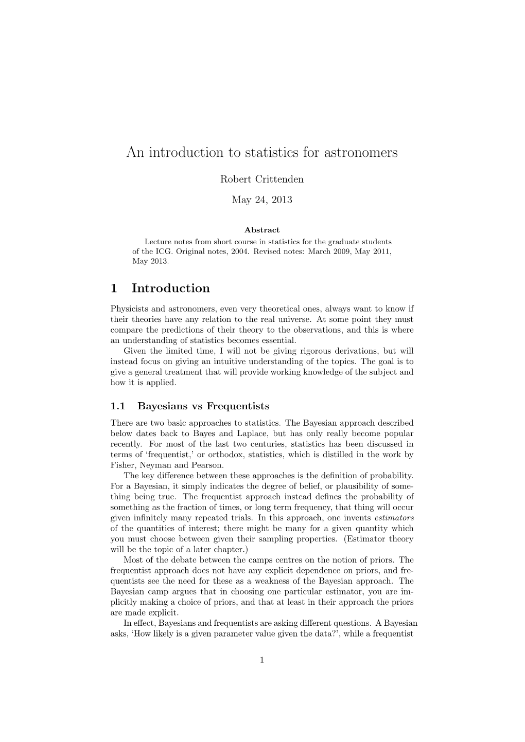 An Introduction to Statistics for Astronomers