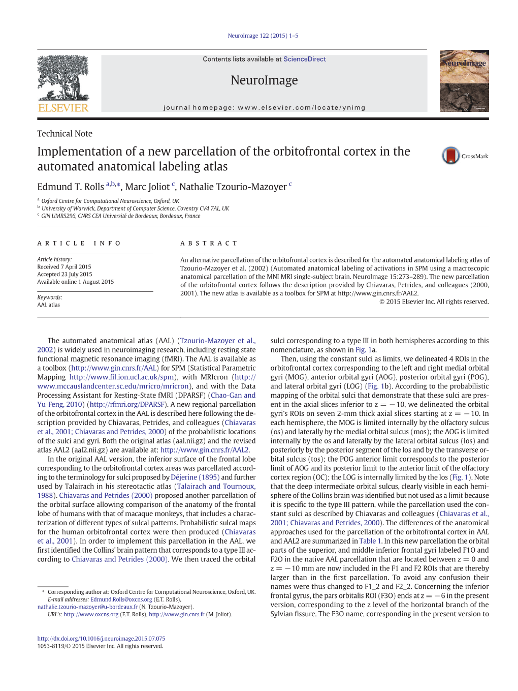 Implementation of a New Parcellation of the Orbitofrontal Cortex in the Automated Anatomical Labeling Atlas