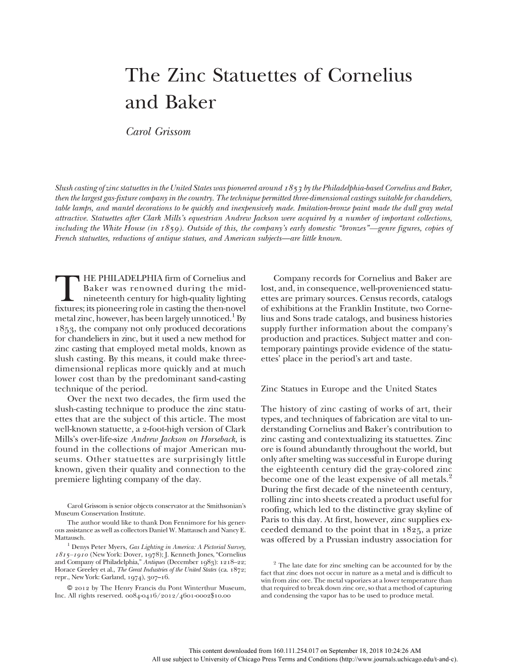 The Zinc Statuettes of Cornelius and Baker