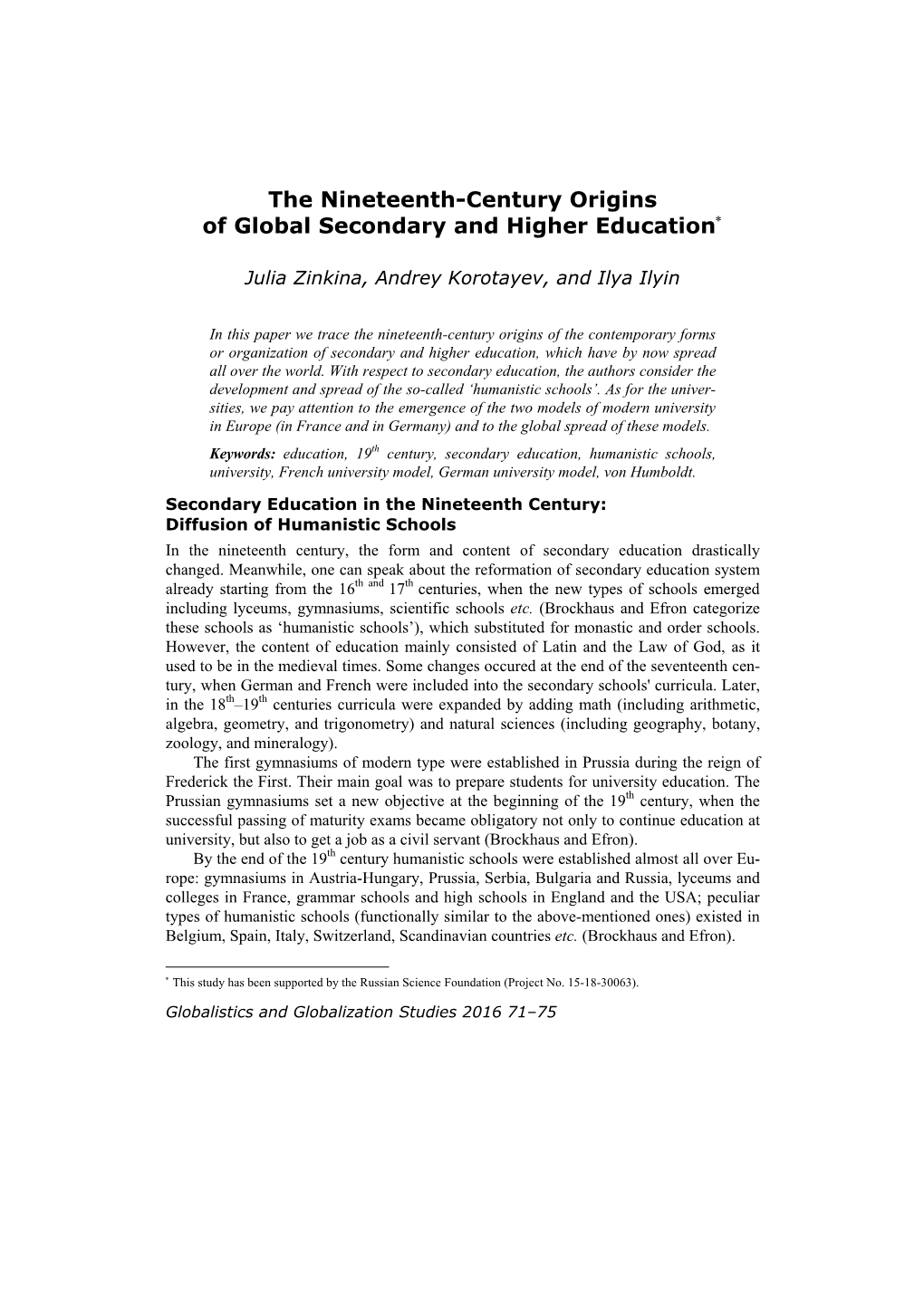 The Nineteenth-Century Origins of Global Secondary and Higher Education