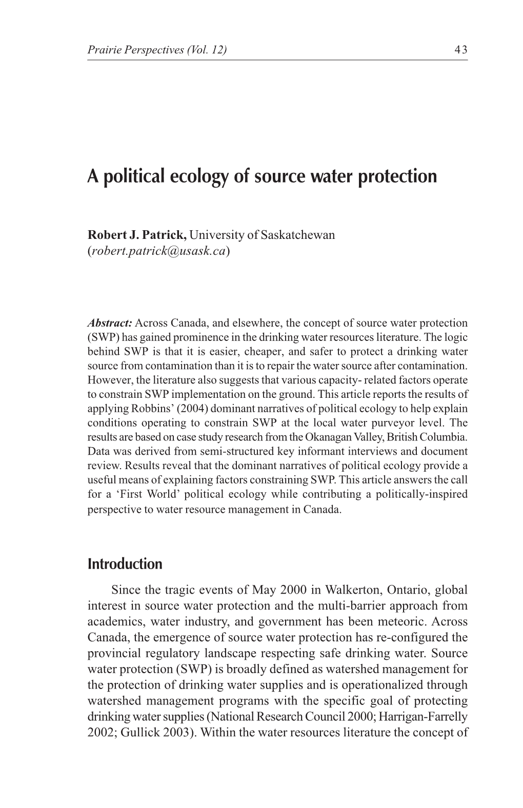 A Political Ecology of Source Water Protection