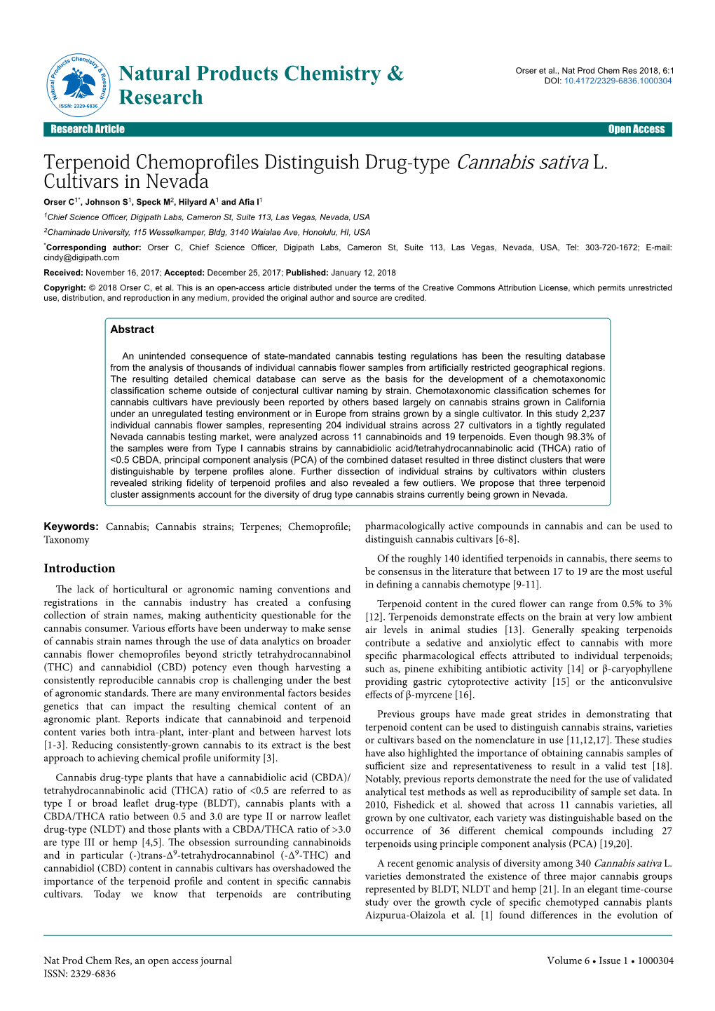 Terpenoid Chemoprofiles Distinguish Drug-Type Cannabis Sativa L