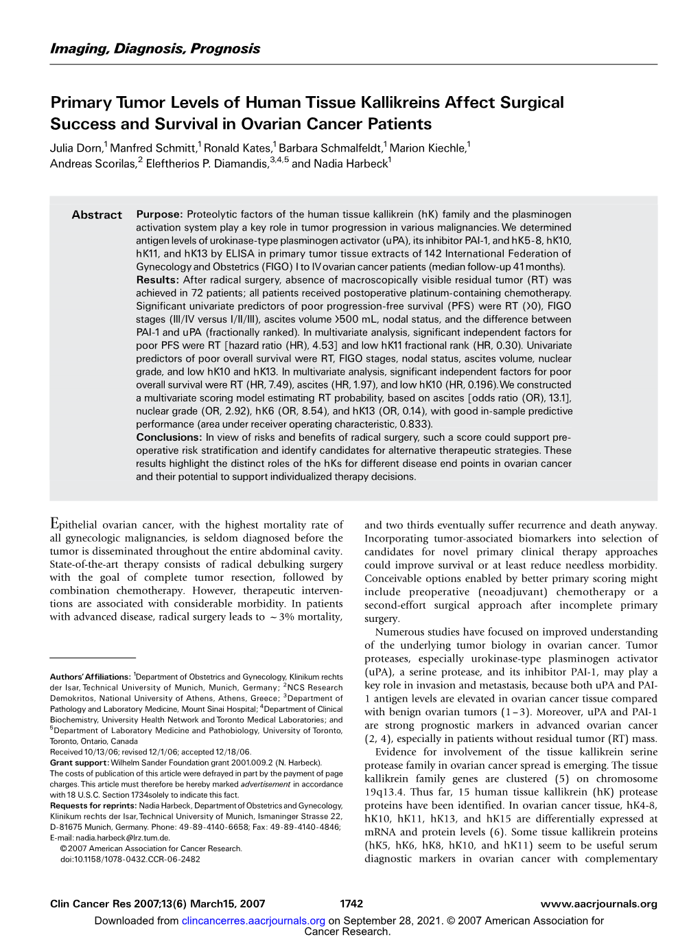 Primary Tumor Levels of Human Tissue Kallikreins Affect Surgical