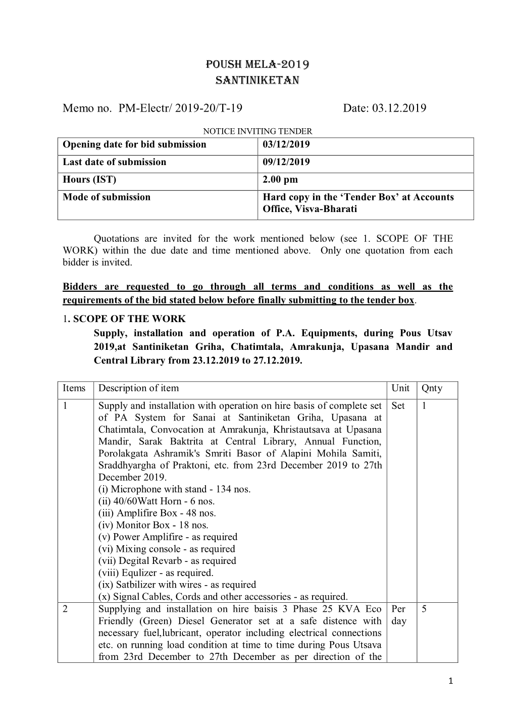 POUSH MELA-2019 SANTINIKETAN Memo No. PM-Electr