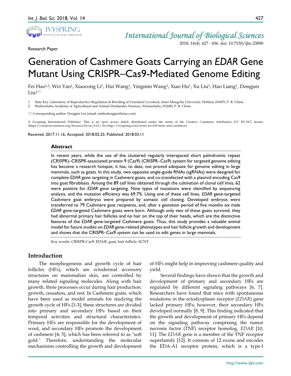 Generation of Cashmere Goats Carrying an EDAR Gene Mutant