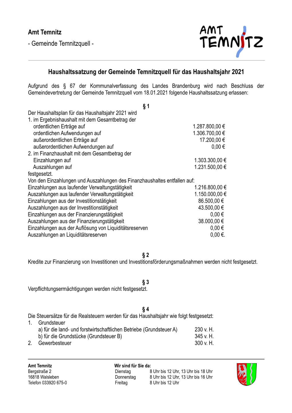 Haushaltssatzung Für Die Gemeinde Temnitzquell 2021